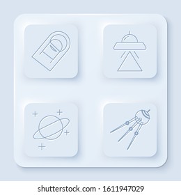 Set line Satellite, UFO flying spaceship, Planet and Satellite. White square button. Vector
