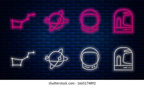 Set line Satellites orbiting the planet Earth, Astronaut helmet, Great Bear constellation and Astronaut helmet. Glowing neon icon on brick wall. Vector
