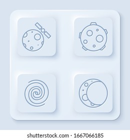 Set line Satellites orbiting the planet Earth, UFO abducts cow, Black hole and Moon. White square button. Vector