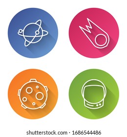 Set line Satellites orbiting the planet Earth, Comet falling down fast, UFO abducts cow and Astronaut helmet. Color circle button. Vector