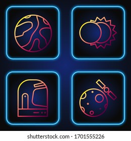 Poner en línea Satélites orbitando el planeta Tierra, casco astronauta, estrellas en caída y Eclipse del sol. Iconos de color degradado. Vector