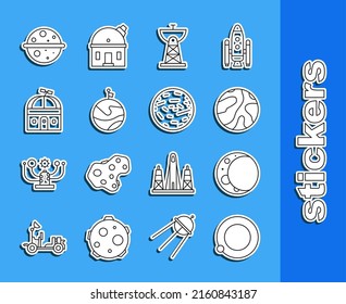 Set line Satellites orbiting the planet Earth, Moon, Falling stars, dish, with flag, Astronomical observatory, Planet Venus and Mars icon. Vector