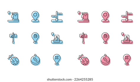 Set line Satellites orbiting the planet, Compass, Location and gas station, with cross mark, Alcohol beer bar location, fountain, Road traffic sign and  icon. Vector