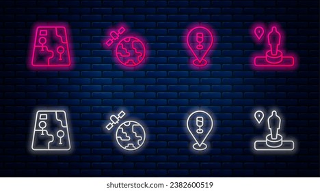 Set line Satellites orbiting the planet, Alcohol beer bar location, City map navigation and Location and monument. Glowing neon icon on brick wall. Vector