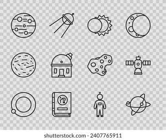 Set-Line Satellites um den Planeten Erde, Klipse der Sonne, Buch durch Astronomie, Planet Mars, Astronomische Sternwarte, Astronaut und Ikone. Vektorgrafik