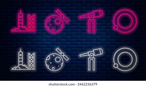 Set line Satellites orbiting the planet Earth, Telescope, Rocket launch from the spaceport and Satellites orbiting the planet Earth. Glowing neon icon on brick wall. Vector