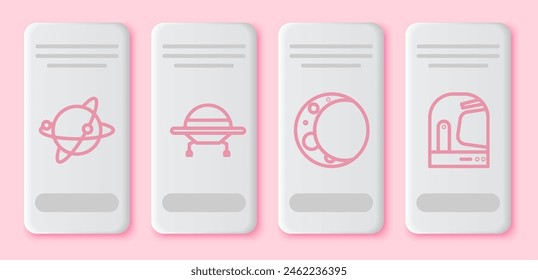Set line Satellites orbiting the planet Earth, UFO flying spaceship, Moon and Astronaut helmet. White rectangle button. Vector