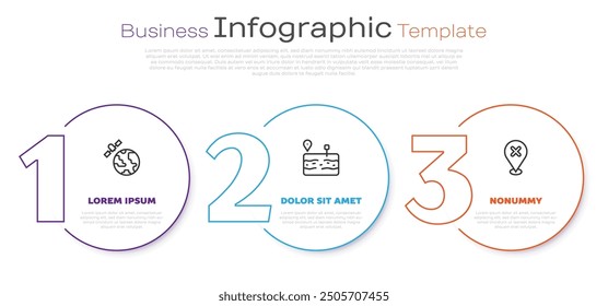 Set line Satellites orbiting the planet, Broken road and Location with cross mark. Business infographic template. Vector