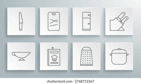 Set line Sauce boat, Cutting board, Cookbook, Grater, Cooking pot, Refrigerator, Knife and  icon. Vector