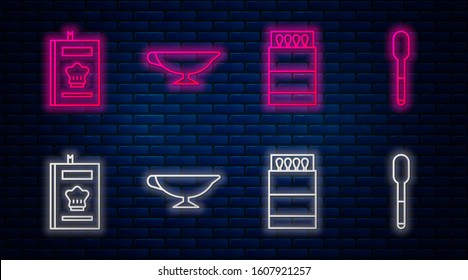 Set line Sauce boat, Open matchbox and matches, Cookbook and Spoon. Glowing neon icon on brick wall. Vector