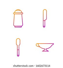 Set line Sauce boat, Spoon, Salt and pepper and Knife. Gradient color icons. Vector