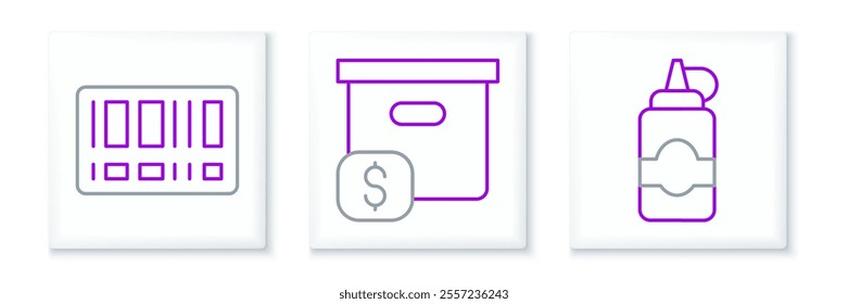 Set line Sauce bottle, Barcode and Carton cardboard box with price icon. Vector