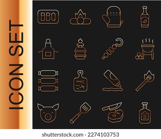 Set line Sauce bottle, Burning match with fire, Barbecue grill, Oven glove, Camping gas stove, Kitchen apron,  and Grilled shish kebab icon. Vector