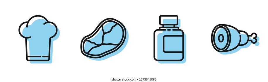 Set line Sauce bottle, Chef hat, Steak meat and Chicken leg icon. Vector