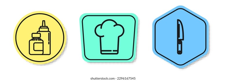 Set line Sauce bottle, Chef hat and Knife. Colored shapes. Vector
