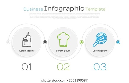 Set line Sauce bottle, Chef hat and Steak meat in frying pan. Business infographic template. Vector