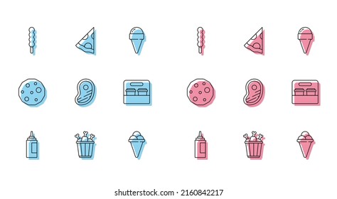 Set line Sauce bottle, Chicken leg in package box, Lollipop, Ice cream waffle cone, Steak meat, Coffee cup to go, Cookie or biscuit and Slice pizza icon. Vector