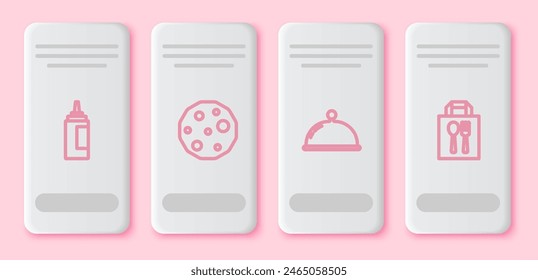 Set line Sauce bottle, Cookie or biscuit, Covered with tray and Online ordering and delivery. White rectangle button. Vector
