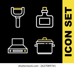 Set line Sauce bottle, Cooking pot, Kitchen extractor fan and Peeler icon. Vector