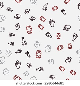 Set line Sauce bottle, Corn, Scrambled egg and Soda can on seamless pattern. Vector