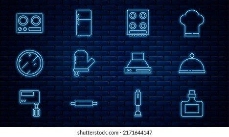 Set line Sauce bottle, Covered with tray, Gas stove, Oven glove, Cutting board, Kitchen extractor fan and Refrigerator icon. Vector