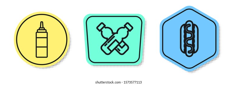 Set line Sauce bottle, Crossed bottle of water and Hotdog sandwich with mustard. Colored shapes. Vector