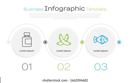 Ponga una botella de salsa, salchicha cruzada y pescado. Plantilla de infografía empresarial. Vector