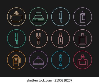 Set line Sauce bottle, Cutting board, Knife, Barbecue fork, Citrus fruit juicer, Bottle of olive oil and Kitchen extractor fan icon. Vector