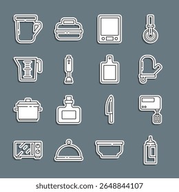 Set line Sauce bottle, Electric mixer, Oven glove, Electronic scales, Blender, Measuring cup, Coffee and Cutting board icon. Vector