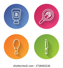 Set line Sauce bottle, Fish steak in frying pan, Chicken leg and Knife. Color circle button. Vector