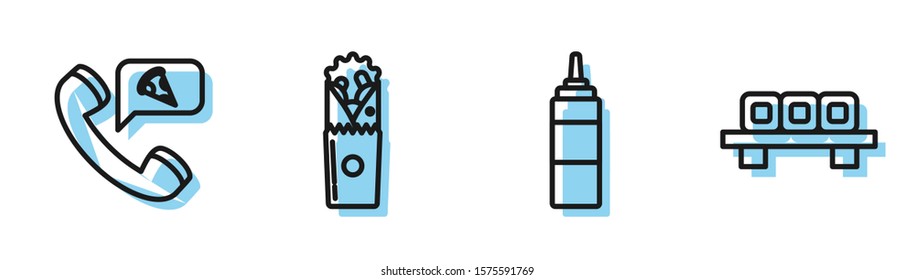 Set line Sauce bottle, Food ordering pizza, Doner kebab and Sushi on cutting board icon. Vector