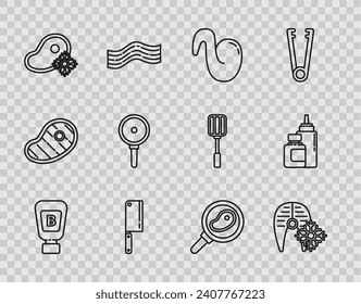 Set line Sauce bottle, Fresh frozen fish steak, Fried chicken wing, Meat chopper, meat, Frying pan, Steak frying and  icon. Vector