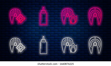 Set line Sauce bottle, Grilled fish steak and fire flame, Fresh frozen fish steak and Fish steak. Glowing neon icon on brick wall. Vector
