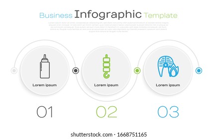 Set line Sauce bottle, Grilled shish kebab on skewer stick and Grilled fish steak and fire flame. Business infographic template. Vector