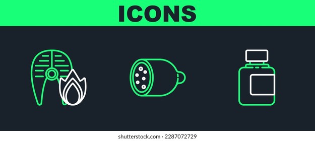 Set line Sauce bottle, Grilled fish steak and fire flame and Salami sausage icon. Vector