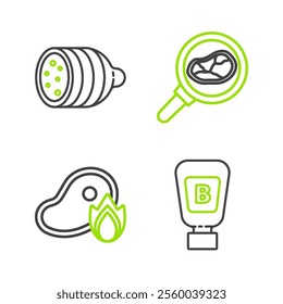 Set line Sauce bottle, Grilled steak meat and fire flame, Steak in frying pan and Salami sausage icon. Vector