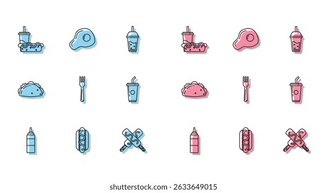 Set line Sauce bottle, Hotdog sandwich with mustard, Paper glass drinking straw hotdog, Ice cream, Fork, water, Taco tortilla and Scrambled eggs icon. Vector