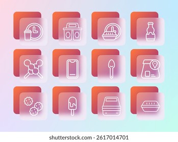 Set line Sauce bottle, Ice cream, Spoon, Lunch box, Food ordering mobile, Round the clock delivery,  and Coffee cup to go icon. Vector