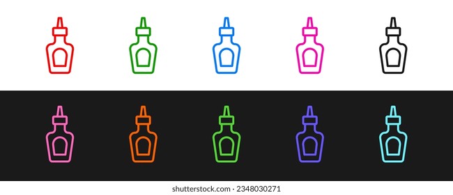 Set line Sauce bottle icon isolated on black and white background. Ketchup, mustard and mayonnaise bottles with sauce for fast food.  Vector