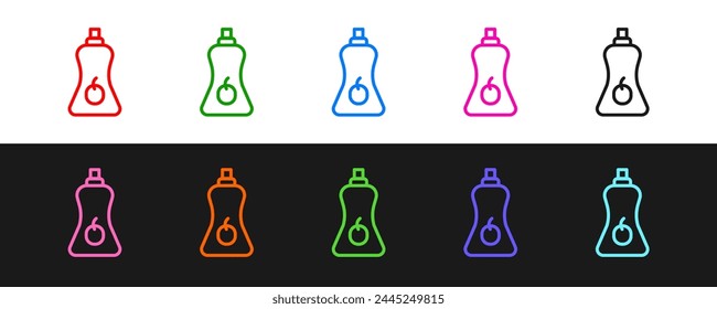 Set line Sauce bottle icon isolated on black and white background. Ketchup, mustard and mayonnaise bottles with sauce for fast food.  Vector