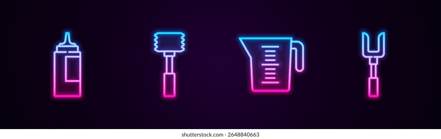 Set line Sauce bottle, Kitchen hammer, Measuring cup and Barbecue fork. Glowing neon icon. Vector