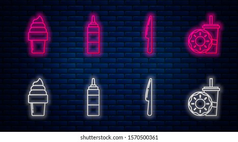 Set line Sauce bottle, Knife, Ice cream in waffle cone and Paper glass with drinking straw and donut. Glowing neon icon on brick wall. Vector