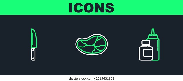 Set line Sauce bottle, Knife and Steak meat icon. Vector