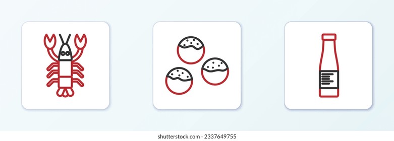 Set line Sauce bottle, Lobster and Takoyaki icon. Vector