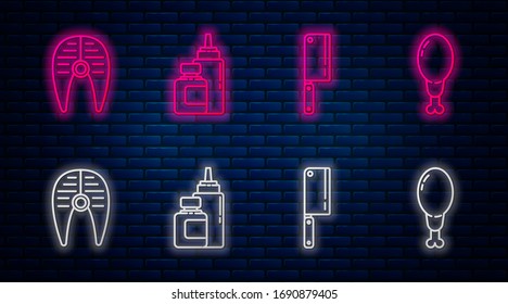 Ponga una botella de Sauce, un helicóptero de carne, un filete de pescado y una pierna de pollo. Icono de neón brillante en la pared de ladrillo. Vector