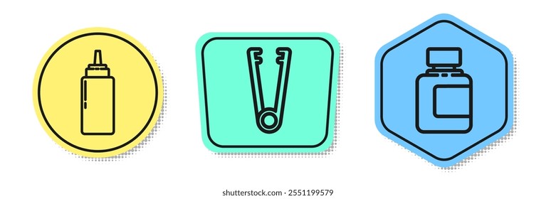 Set line Botella de salsa, pinzas de carne y botella de salsa. Formas de colores. Vector