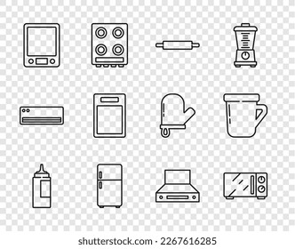 Set line Sauce bottle, Microwave oven, Rolling pin, Refrigerator, Electronic scales, Cutting board, Kitchen extractor fan and Coffee cup icon. Vector