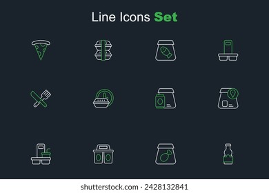 Set line Botella de salsa, Comida para llevar, Taza de café para llevar, Comida, Entrega las 24 horas del día y Cuchillo cruzado e icono de tenedor. Vector