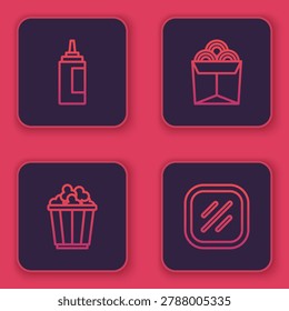 Set line Sauce bottle, Popcorn in box, Noodles and Steak meat. Blue square button. Vector