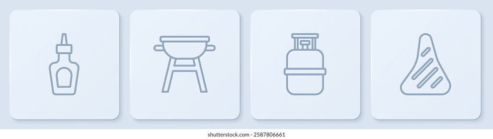 Set line Sauce bottle, Propane gas tank, Barbecue grill and Steak meat. White square button. Vector